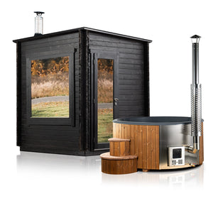 Boreal Thermo Cabin Sauna With Huum Hive Mini WIFI Heater & Scandinavian Wood-Burning Hot Tub Bundle