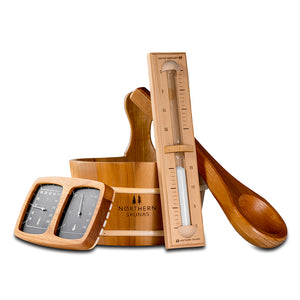 Deluxe Sauna Accessories Kit Wood (Bucket, Ladle, Thermometer & Sand Timer)